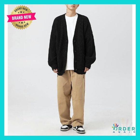 V-Neck Cable Knit Cardigan Sweater Oversized Grunge Y2K Streetwear - Picture 6 of 8